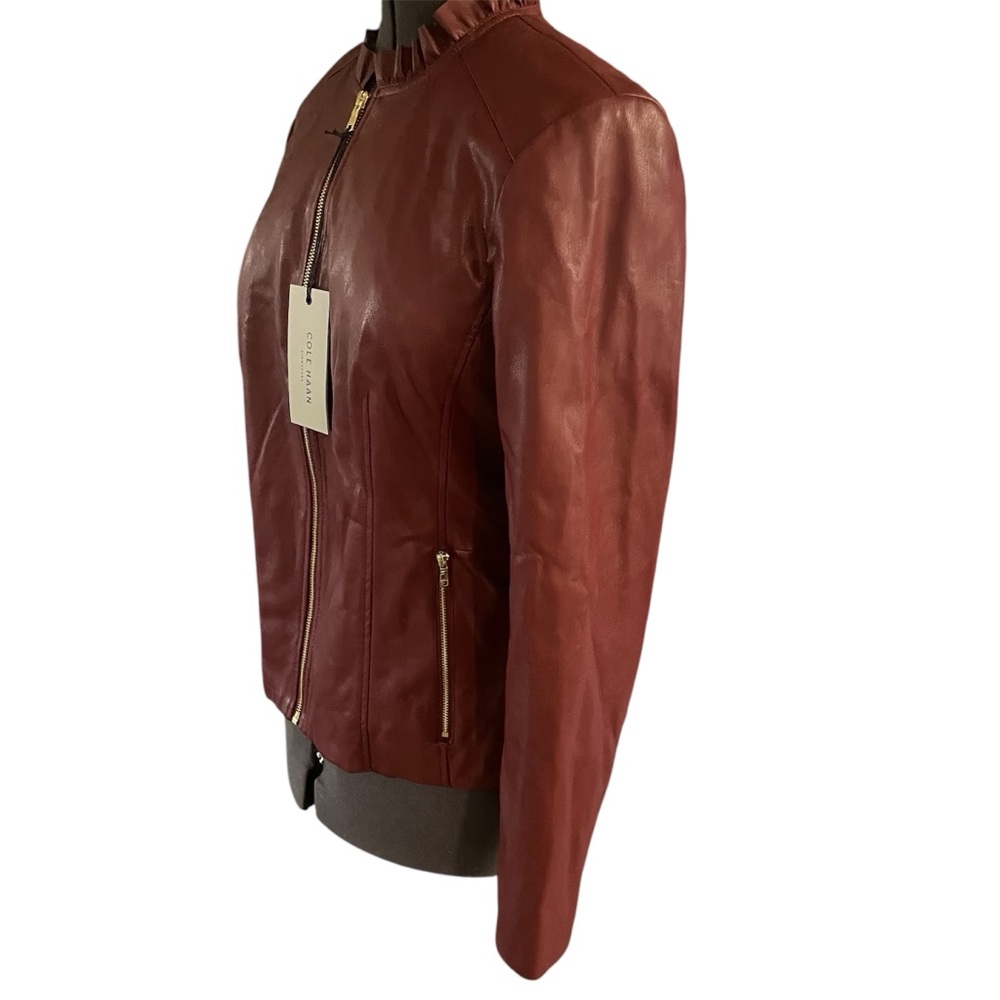Cole Haan Red Vegan Leather Zip Jacket Ruffle Collar Sz L - Picture 3 of 9